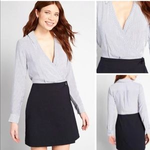 MODCLOTH AU CONTRAIRE WRAP TWOFER DRESS size 10 navy v neck collared